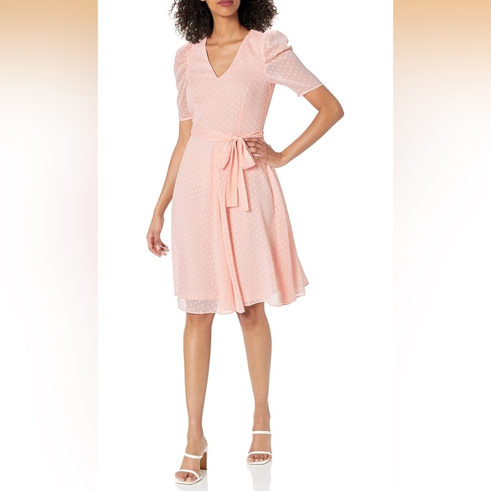Tommy Hilfiger Women's Puff Sleeve V-Neck Tie Waist Chiffon Mini Dress - Picture 12 of 12
